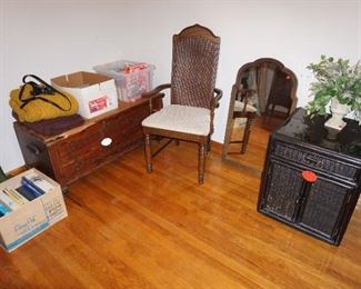 chair, cedar chest, mirror, cabinet
