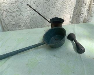 lot 30- copper, enamel ladder dippers and old ice cream spoon $10