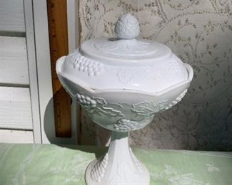lot 43- milk glass candy jar $15