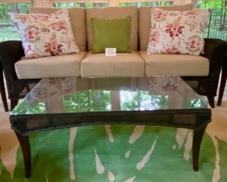 Lot 9000. $3,950.00 Gorgeous 8-Piece Outdoor Wicker Furniture, by high-end Lloyd Loom/Flanders.  Set includes Sofa 82" W x 36" D x 36" T,  with Cushions and Pillows, Coffee Table 42" W x 22" D x 17" T; Two side-tables 21.5"W x 22" D x 21" T,  2 Chairs, 36" W x 38"D  x 36" tall, and 2 Ottomans 24" W x 20" D, x 17"T all with cushions and pillows.  Lloyd Flanders is the premier maker of quality Wickerware and costs a mint, and built to last..  Excellent Condition.   Note:  This set was kept covered in an outdoor gazebo for the summers and then stored in a temperature controlled garage.  It's in perfect shape!