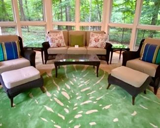 Lot 9000. $3,995.00 Gorgeous 8-Piece Outdoor Wicker Furniture, by high-end Lloyd Loom/Flanders.  Set includes Sofa 82" W x 36" D x 36" T,  with Cushions and Pillows, Coffee Table 42" W x 22" D x 17" T; Two side-tables 21.5"W x 22" D x 21" T,  2 Chairs, 36" W x 38"D  x 36" tall, and 2 Ottomans 24" W x 20" D, x 17"T all with cushions and pillows.  Lloyd Flanders is the premier maker of quality Wickerware and costs a mint, and built to last..  Excellent Condition.   Note:  This set was kept covered in an outdoor gazebo for the summers and then stored in a temperature controlled garage.  It's in perfect shape!