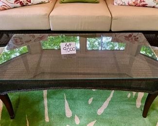 Lot 9000. $3,950.00 Gorgeous 8-Piece Outdoor Wicker Furniture, by high-end Lloyd Loom/Flanders.  Set includes Sofa 82" W x 36" D x 36" T,  with Cushions and Pillows, Coffee Table 42" W x 22" D x 17" T; Two side-tables 21.5"W x 22" D x 21" T,  2 Chairs, 36" W x 38"D  x 36" tall, and 2 Ottomans 24" W x 20" D, x 17"T all with cushions and pillows.  Lloyd Flanders is the premier maker of quality Wickerware and costs a mint, and built to last..  Excellent Condition.   Note:  This set was kept covered in an outdoor gazebo for the summers and then stored in a temperature controlled garage.  It's in perfect shape!