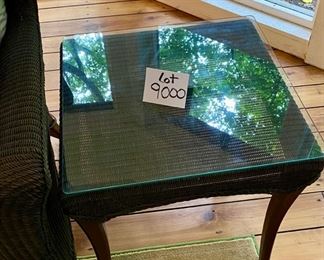 Lot 9000. $3,950.00 Gorgeous 8-Piece Outdoor Wicker Furniture, by high-end Lloyd Loom/Flanders.  Set includes Sofa 82" W x 36" D x 36" T,  with Cushions and Pillows, Coffee Table 42" W x 22" D x 17" T; Two side-tables 21.5"W x 22" D x 21" T,  2 Chairs, 36" W x 38"D  x 36" tall, and 2 Ottomans 24" W x 20" D, x 17"T all with cushions and pillows.  Lloyd Flanders is the premier maker of quality Wickerware and costs a mint, and built to last..  Excellent Condition.   Note:  This set was kept covered in an outdoor gazebo for the summers and then stored in a temperature controlled garage.  It's in perfect shape!