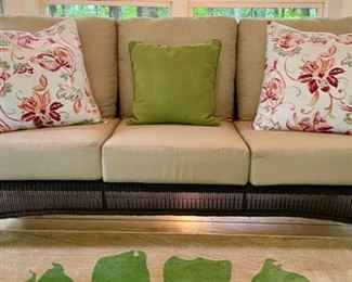 Lot 9000. $3,950.00 Gorgeous 8-Piece Outdoor Wicker Furniture, by high-end Lloyd Loom/Flanders.  Set includes Sofa 82" W x 36" D x 36" T,  with Cushions and Pillows, Coffee Table 42" W x 22" D x 17" T; Two side-tables 21.5"W x 22" D x 21" T,  2 Chairs, 36" W x 38"D  x 36" tall, and 2 Ottomans 24" W x 20" D, x 17"T all with cushions and pillows.  Lloyd Flanders is the premier maker of quality Wickerware and costs a mint, and built to last..  Excellent Condition.   Note:  This set was kept covered in an outdoor gazebo for the summers and then stored in a temperature controlled garage.  It's in perfect shape!