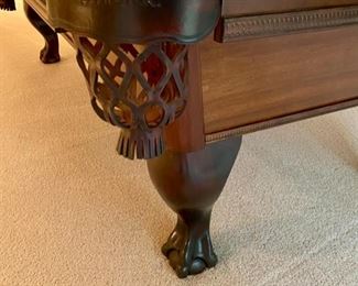 Lot 9002-A $1595.00. AMF 8' Pool Table, Stately table crafted in cherry, with green felt table  and sides, leather pockets, claw and ball feet, includes balls, triangle, all accessories, 4 pool cues and a bridge. If you've been looking for a pool table that looks as great as it plays, this is your table!