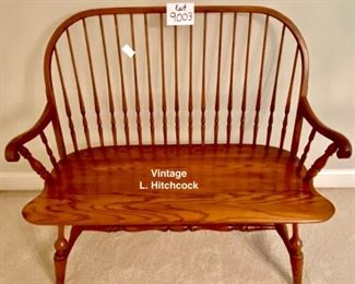 Lot 9003. $250.00. Vintage and Exquisitely made L. Hitchcock Windsor Farmhouse Style Bench in Mint Condition.  44" W  x 22" Deep x 39" T. Oak bench is handcrafted with a bentwood frame, slatted back, signed on Rear.  This is a future antique that will hold up for generations!  Perfect for your foyer!