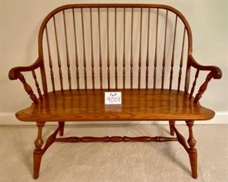 Lot 9003. $250.00. Vintage and Exquisitely made L. Hitchcock Windsor Farmhouse Style Bench in Mint Condition.  44" W  x 22" Deep x 39" T. Oak bench is handcrafted with a bentwood frame, slatted back, signed on Rear.  This is a future antique that will hold up for generations!  Perfect for your foyer!