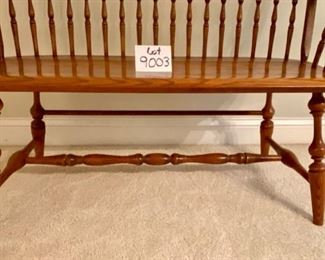 Lot 9003. $250.00. Vintage and Exquisitely made L. Hitchcock Windsor Farmhouse Style Bench in Mint Condition.  44" W  x 22" Deep x 39" T. Oak bench is handcrafted with a bentwood frame, slatted back, signed on Rear.  This is a future antique that will hold up for generations!  Perfect for your foyer!