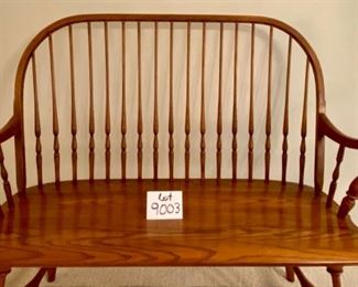 Lot 9003. $250.00. Vintage and Exquisitely made L. Hitchcock Windsor Farmhouse Style Bench in Mint Condition.  44" W  x 22" Deep x 39" T. Oak bench is handcrafted with a bentwood frame, slatted back, signed on Rear.  This is a future antique that will hold up for generations!  Perfect for your foyer!