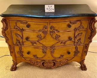 Lot 9004. $225.00. Four-Drawer chest with Dark Stone Top, Carved Drawers, Legs and Trim.  Unbranded, Bombé Style 42"w, 18.5"d, 31.5 " High.  Very functional and good looking table!  Middle drawer needs glider reattached.