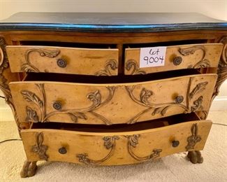 Lot 9004. $225.00. Four-Drawer chest with Dark Stone Top, Carved Drawers, Legs and Trim.  Unbranded, Bombé Style 42"w, 18.5"d, 31.5 " High.  Very functional and good looking table!  Middle drawer needs glider reattached.