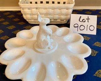 Lot 9010. $48.00. Celebrate Easter in Style with this  Set of two Williams-Sonoma White Porcelain Serving Pieces - A Porcelain Woven Basket 10" long x 7"w x 5" tall, and a Bunny Egg Platter 10.5" diameter and 5" tall.  Both pieces are in excellent condition and will go with any kind of decor!