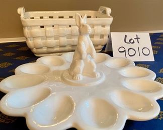 Lot 9010. $48.00. Celebrate Easter in Style with this  Set of two Williams-Sonoma White Porcelain Serving Pieces - A Porcelain Woven Basket 10" long x 7"w x 5" tall, and a Bunny Egg Platter 10.5" diameter and 5" tall.  Both pieces are in excellent condition and will go with any kind of decor!