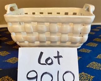 Lot 9010. $48.00. Celebrate Easter in Style with this  Set of two Williams-Sonoma White Porcelain Serving Pieces - A Porcelain Woven Basket 10" long x 7"w x 5" tall, and a Bunny Egg Platter 10.5" diameter and 5" tall.  Both pieces are in excellent condition and will go with any kind of decor!