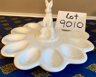 Lot 9010. $48.00. Celebrate Easter in Style with this  Set of two Williams-Sonoma White Porcelain Serving Pieces - A Porcelain Woven Basket 10" long x 7"w x 5" tall, and a Bunny Egg Platter 10.5" diameter and 5" tall.  Both pieces are in excellent condition and will go with any kind of decor!