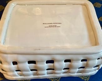 Lot 9010. $48.00. Celebrate Easter in Style with this  Set of two Williams-Sonoma White Porcelain Serving Pieces - A Porcelain Woven Basket 10" long x 7"w x 5" tall, and a Bunny Egg Platter 10.5" diameter and 5" tall.  Both pieces are in excellent condition and will go with any kind of decor!