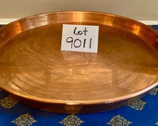 Lot 9011A. $65.00 William Sonoma Copper Tray or Paella Pan with Brass Handles, 19" diameter x 2" high - Beautiful Patina!