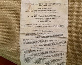 Lot 9001. $165.00. Pottery Barn indoor Outdoor rug, "Palm Leaf" Outdoor Rug 8' x 10' 100% Polypropeline, Great Shape! 