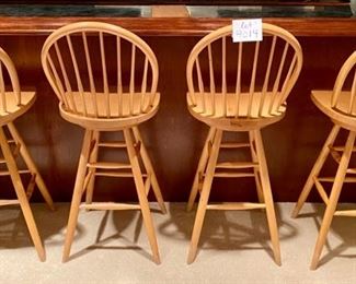 Lot 9014. $200.00  Set of Four Maple Swivel Bar Stools, Windsor Backs, made in Yugoslavia, 17.5"W x 20"D x 44" tall,  Seat height is 29" to the ground.  Nice set of bar stools , bar height.