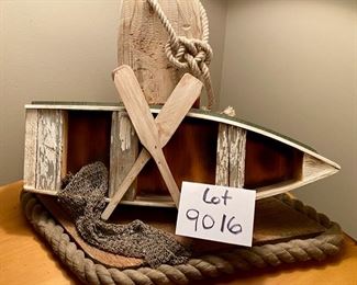 Lot 9016. $48.00  Interesting Rowboat and Oars Lamp, Green Shade, 17" Diameter, 25" Tall, 21" Wide, Nautical Theme lamp with Buoy for the Frame.  Yellow streaking inside shade, not problematic.  