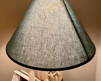 Lot 9016. $48.00  Interesting Rowboat and Oars Lamp, Green Shade, 17" Diameter, 25" Tall, 21" Wide, Nautical Theme lamp with Buoy for the Frame.  Yellow streaking inside shade, not problematic.  
