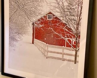 Lot 9019. $95.00 Pottery Barn Framed Art Print - image is a Red Barn in the Winter Snow Scene.  Everyone loves Barns ;-), Black frame 25" square