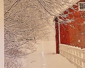 Lot 9019. $95.00 Pottery Barn Framed Art Print - image is a Red Barn in the Winter Snow Scene.  Everyone loves Barns ;-), Black frame 25" square