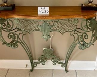 Lot 9030. $375.00.  BEAUTIFUL Ethan Allen Country French Legacy Forged Iron Console Table. This must be attached to a wall. There are two brackets attached on the back of the table for you to attach to the wall. Screws not included. This is a beautiful piece in very nice condition, used here as a foyer table to collect your mail or place a mirror over it.  Wonderful craftsmanship that only Ethan Allen knows how to accomplish!  Currently selling second hand for $650 online.