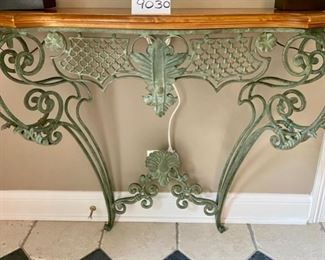 Lot 9030. $375.00.  BEAUTIFUL Ethan Allen Country French Legacy Forged Iron Console Table. This must be attached to a wall. There are two brackets attached on the back of the table for you to attach to the wall. Screws not included. This is a beautiful piece in very nice condition, used here as a foyer table to collect your mail or place a mirror over it.  Wonderful craftsmanship that only Ethan Allen knows how to accomplish!  Currently selling second hand for $650 online.