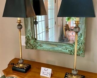 Lot 9029   220.00  Pair of Candlestick Lamps with Black Shades. Made by LampCrafters out of Lexington, NC 	Measures 29" x 10" diam. shades x 6.5" base. 