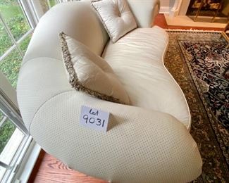 Lot 9031. $595.00. Hickory Chair curved Camel-Back Kidney shaped Settee  in Cream fabric with Black Dots.  74"w xx42"deep x34" H. 19" tall Cushion height.  Super comfortable, can dress this up for a formal setting, or add colorful pillows for a more laid-back look.  Hickory Chair is a very well-respected quality furniture manufacturer!  We believe this to be from their Sovereign Collection.  
