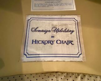 Lot 9031. $595.00. Hickory Chair curved Camel-Back Kidney shaped Settee  in Cream fabric with Black Dots.  74"w xx42"deep x34" H. 19" tall Cushion height.  Super comfortable, can dress this up for a formal setting, or add colorful pillows for a more laid-back look.  Hickory Chair is a very well-respected quality furniture manufacturer!  We believe this to be from their Sovereign Upholstery Collection.  