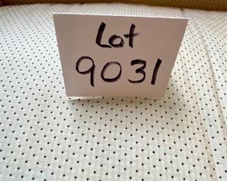 Lot 9031. $595.00. Hickory Chair curved Camel-Back Kidney shaped Settee  in Cream fabric with Black Dots.  74"w xx42"deep x34" H. 19" tall Cushion height.  Super comfortable, can dress this up for a formal setting, or add colorful pillows for a more laid-back look.  Hickory Chair is a very well-respected quality furniture manufacturer!  We believe this to be from their Sovereign Collection.  