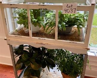 Lot 9037.  $225.00. Unique Shabby Chic Greenhouse/plant holder atop a galvonized steel shelf on a legged tray.  53" tall, 19" deep and 31" wide.  This would be a great piece to start seeds in, display plants, or even would make an interesting miniature garden or display.  Stone Figurines and plants not included. Love this piece!