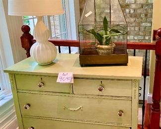 Lot 9040. $85.00. Darling Antique painted Green Shabby Chic 4 drawer dresser, measures 40" w x20" deep x 33" high.  Dove-tailed construction with glass knobs that will either need to be replaced or tightened.  Perfect piece for holding a flat screen tv, works in a bedroom, family room, foyer, actually any room in the house, with nice storage.  