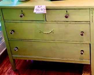 Lot 9040. $85.00. Darling Antique painted Green Shabby Chic 4 drawer dresser, measures 40" w x20" deep x 33" high.  Dove-tailed construction with glass knobs that will either need to be replaced or tightened.  Perfect piece for holding a flat screen tv, works in a bedroom, family room, foyer, actually any room in the house, with nice storage.  