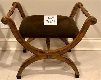 Lot 9021.  Pair of Thomasville double handled bench seats.  Finished in a lovely pecan tone and upholstered in brown velvet, they are a great addition to any room.