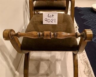 Lot 9021.  Pair of Thomasville double handled bench seats.  Finished in a lovely pecan tone and upholstered in brown velvet they are a great addition to any room.