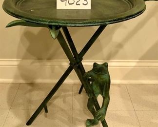 Lot 9023. $75.00  Cute, verdigris colored, frog table with removable top/tray.  My favorite item in the home!!	21" D x 22" T