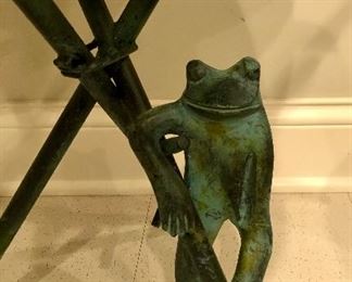 Lot 9023. $75.00  Cute, verdigris colored, frog table with removable top/tray.  My favorite item in the home!!	21" D x 22" T