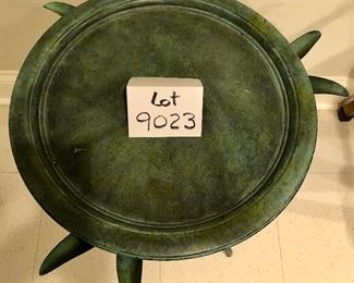 Lot 9023. $75.00  Cute, verdigris colored, frog table with removable top/tray.  My favorite item in the home!!	21" D x 22" T