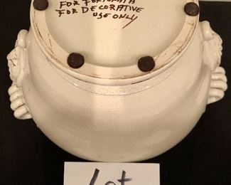 Lot 9025.  $75.00 Pippo Torcivia decorative jar with lid.  Distressed, cream colored glazed finish with beautiful, ceramic handles.