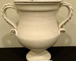 Lot 9025.  $75.00 Pippo Torcivia decorative jar with lid.  Distressed, cream colored glazed finish with beautiful, ceramic handles.