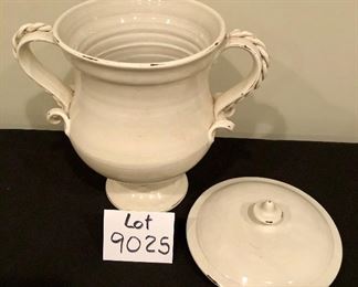 Lot 9025.  $75.00 Pippo Torcivia decorative jar with lid.  Distressed, cream colored glazed finish with beautiful, ceramic handles.