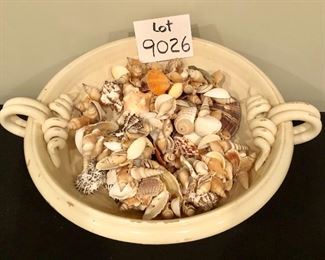 Lot 9026. $110.00 Pippo Torcivia pedestaled bowl, perfect for a large table or sideboard decor.  Includes beautiful collection of shells.	20" W x 8" T x 16" Diam