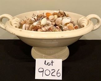 Lot 9026. $110.00 Pippo Torcivia pedestaled bowl, perfect for a large table or sideboard decor.  Includes beautiful collection of shells.	20" W x 8" T x 16" Diam