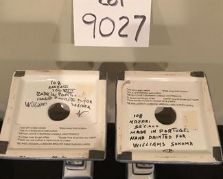 Lot 9027.  $60.00  for This beautiful pair of hand painted candlesticks from Portugal were sold by Williams Sonoma and are a great representation of traditional artwork from the Iberian Penninsula.