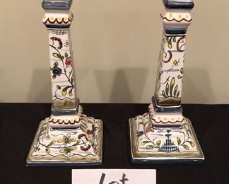Lot 9027.  $60.00  for This beautiful pair of hand painted candlesticks from Portugal were sold by Williams Sonoma and are a great representation of traditional artwork from the Iberian Penninsula.