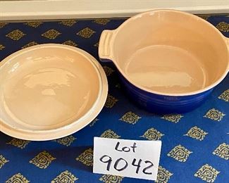 Lot 9042. $125.00. LeCreuset 10.34  Never Used Stoneware Baker with Lid in Lapis Blue.  Base 3.5" T x 8" diameter. The.Best.Cookware.In.The.World.  ;-)
