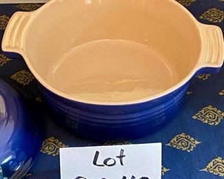 Lot 9042. $125.00. LeCreuset 10.34  Never Used Stoneware Baker with Lid in Lapis Blue.  Base 3.5" T x 8" diameter. The.Best.Cookware.In.The.World.  ;-)